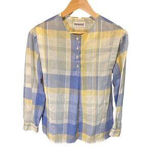 Vintage 80s 90s Blue Yellow Plaid Collarless Long Sleeve Tunic Blouse Sz M